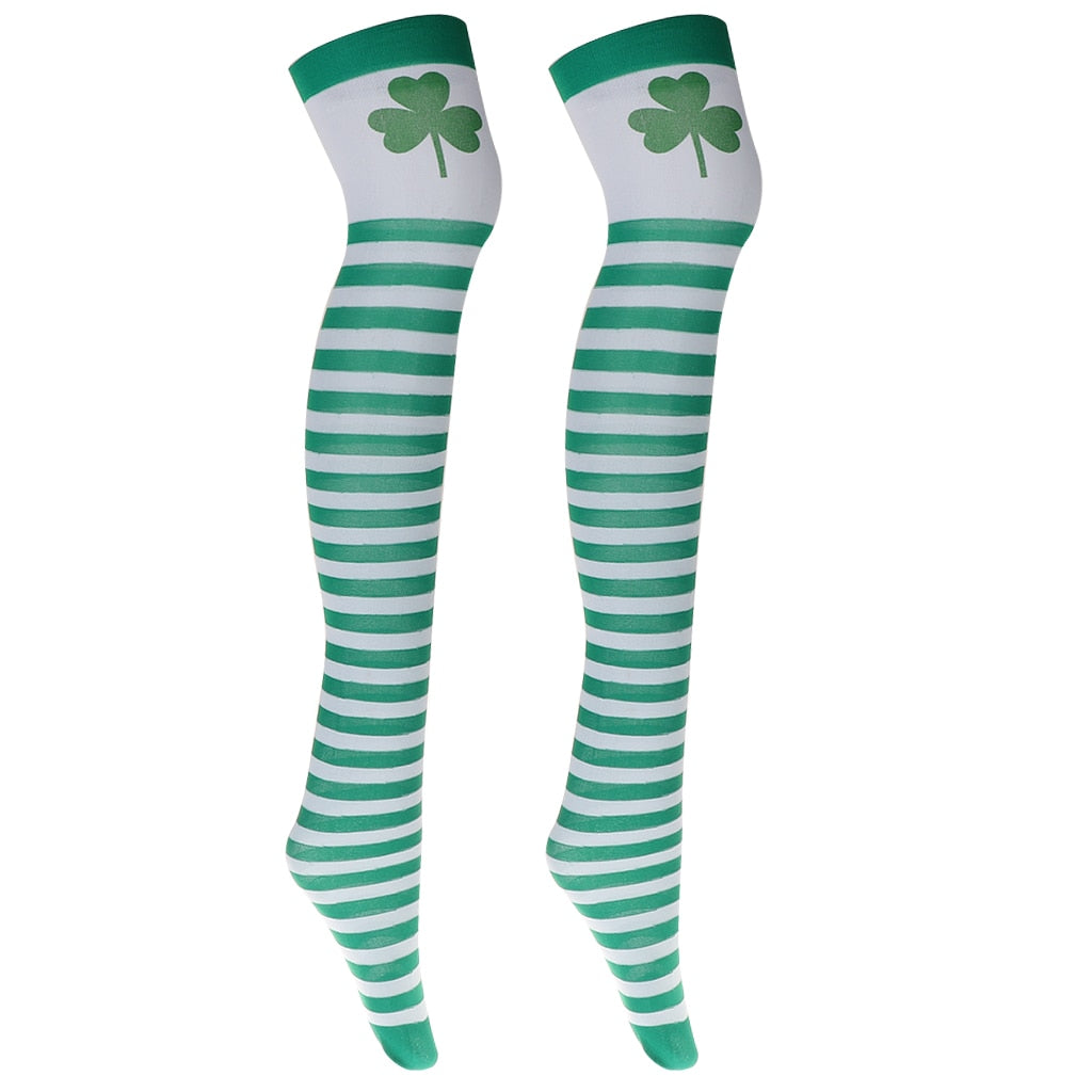 White Green Stripes Clover Stockings